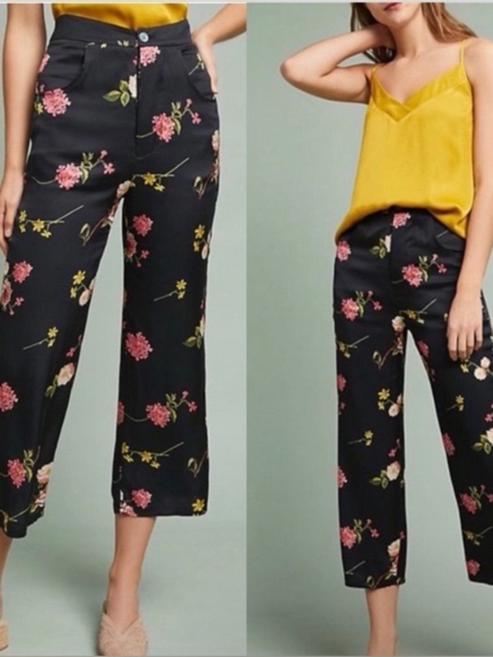 Anthropologie Capulet Black Wide-Leg Floral Pants with Pink & Yellow Blooms